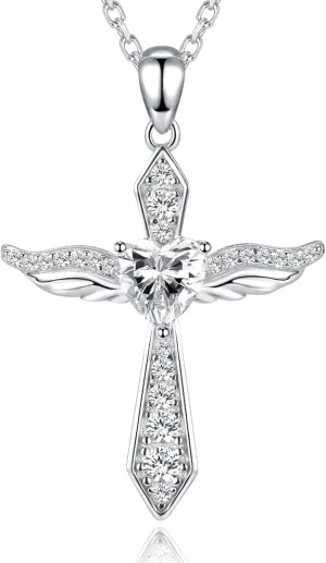 Lovans 925 Sterling Silver Cross Necklace for Women Angel Wings Cross Pendant with Cubic Zirconia Crucifix Pendant Necklaces for Women