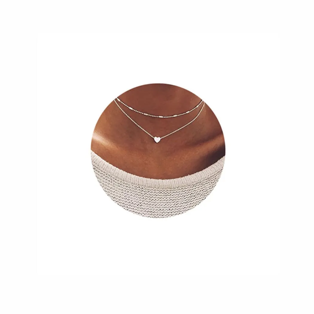 Love Heart Layered Choker Necklace Delicate Beaded Pendant Necklace Silver Heart Double Chain for Women