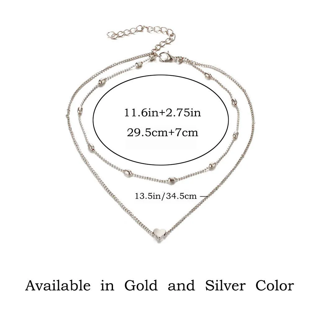 Love Heart Layered Choker Necklace Delicate Beaded Pendant Necklace Silver Heart Double Chain for Women