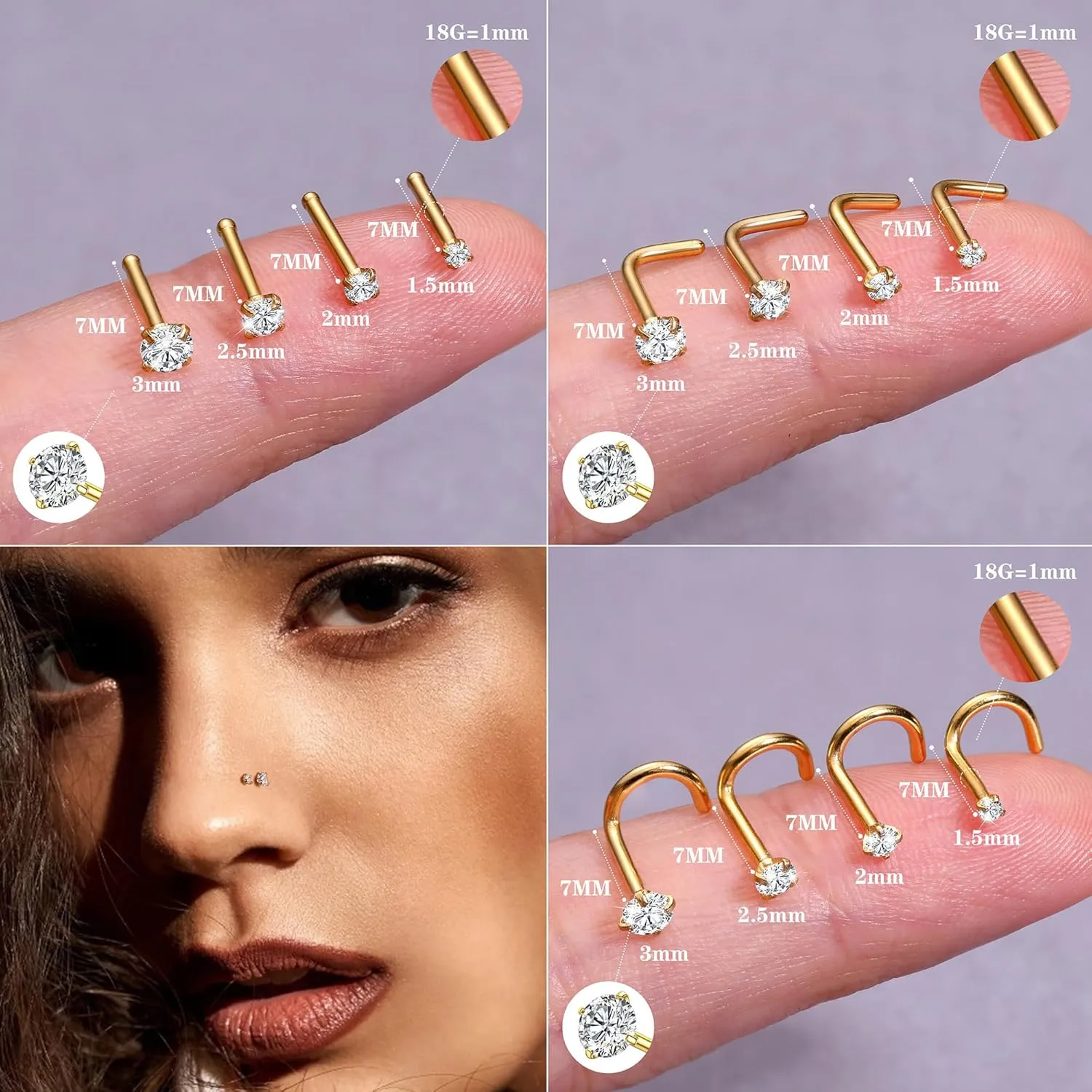 LOYALLOOK 18Pcs Nose Rings Studs - 316L Surgical Steel Gold Nose Studs Double Hoop Nose Ring for Women Men 18G/20G Nose Rings Stud Hypoallergenic Nose/Body Piercing Jewelry 1.5mm 2mm 2.5mm 3mm CZ