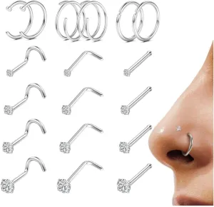 LOYALLOOK 18Pcs Nose Rings Studs - 316L Surgical Steel Gold Nose Studs Double Hoop Nose Ring for Women Men 18G/20G Nose Rings Stud Hypoallergenic Nose/Body Piercing Jewelry 1.5mm 2mm 2.5mm 3mm CZ