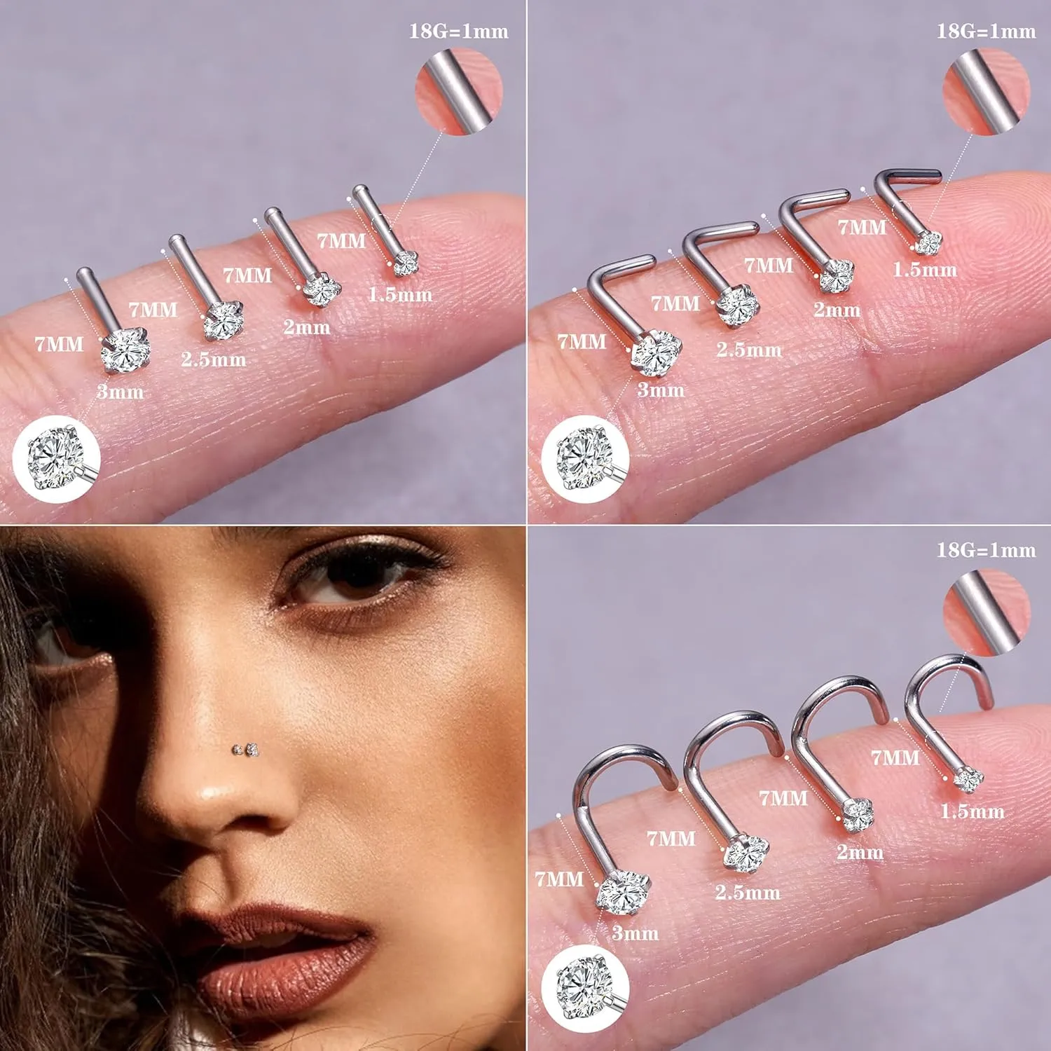 LOYALLOOK 18Pcs Nose Rings Studs - 316L Surgical Steel Gold Nose Studs Double Hoop Nose Ring for Women Men 18G/20G Nose Rings Stud Hypoallergenic Nose/Body Piercing Jewelry 1.5mm 2mm 2.5mm 3mm CZ