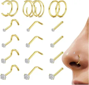 LOYALLOOK 18Pcs Nose Rings Studs - 316L Surgical Steel Gold Nose Studs Double Hoop Nose Ring for Women Men 18G/20G Nose Rings Stud Hypoallergenic Nose/Body Piercing Jewelry 1.5mm 2mm 2.5mm 3mm CZ