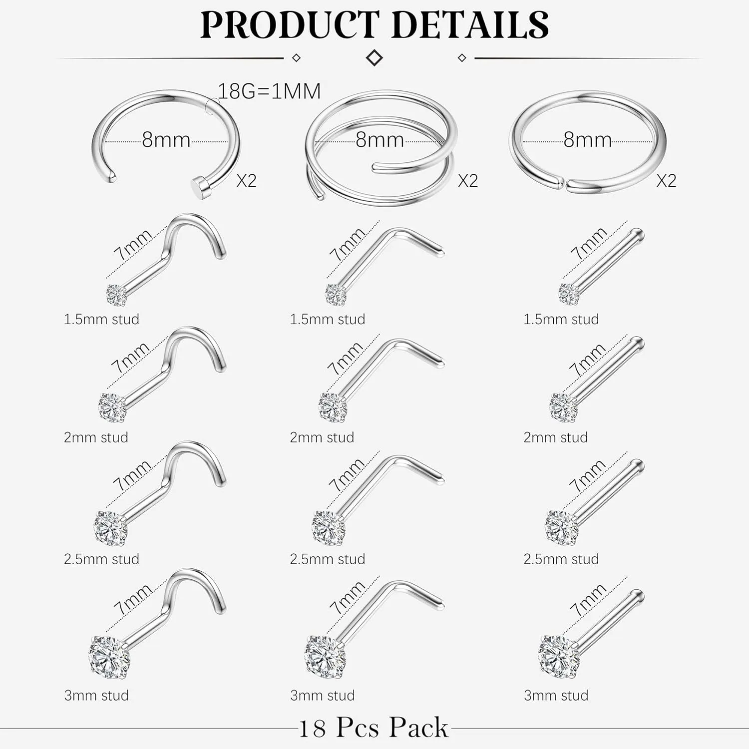 LOYALLOOK 18Pcs Nose Rings Studs - 316L Surgical Steel Gold Nose Studs Double Hoop Nose Ring for Women Men 18G/20G Nose Rings Stud Hypoallergenic Nose/Body Piercing Jewelry 1.5mm 2mm 2.5mm 3mm CZ