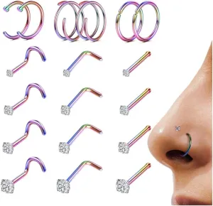 LOYALLOOK 18Pcs Nose Rings Studs - 316L Surgical Steel Gold Nose Studs Double Hoop Nose Ring for Women Men 18G/20G Nose Rings Stud Hypoallergenic Nose/Body Piercing Jewelry 1.5mm 2mm 2.5mm 3mm CZ