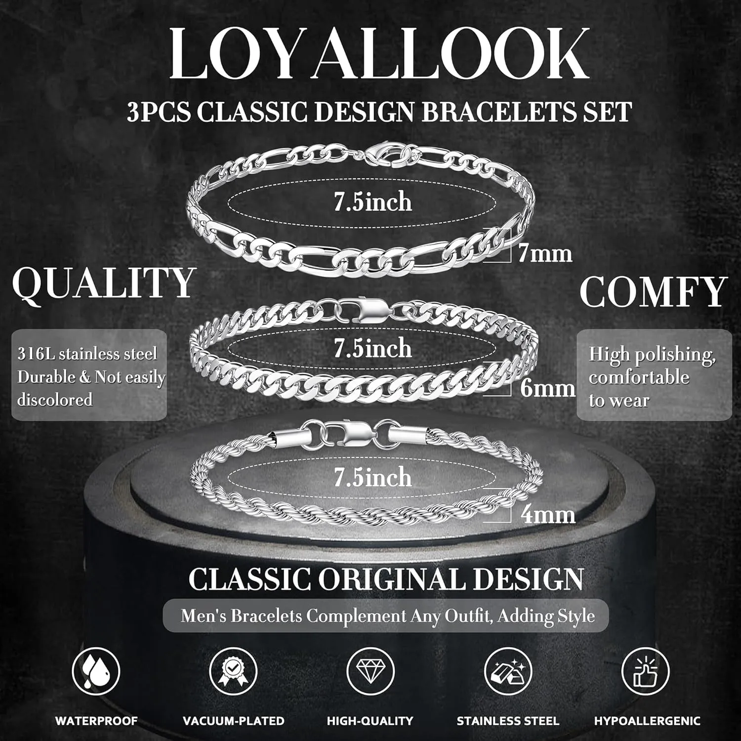 LOYALLOOK 3Pcs Chain Bracelets for Men, 316L Stainless Steel Figaro Rope Cuban Link Bracelet for Men Women 14K Gold/Silver, Gifts for Dad Husband 6.5/7/7.5/8.3/9 Inches