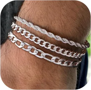 LOYALLOOK 3Pcs Chain Bracelets for Men, 316L Stainless Steel Figaro Rope Cuban Link Bracelet for Men Women 14K Gold/Silver, Gifts for Dad Husband 6.5/7/7.5/8.3/9 Inches