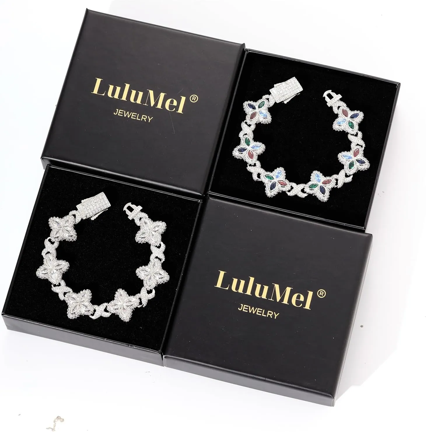 Lulu Mel Cross Infinity Charm Cuban Chain Bracelet for Men Women, Iced Out Silver Colorful Prong Setting 5A Cubic Zirconia Diamond Fashion Four-Leaf Cuban Bracelet for Rapper Gift
