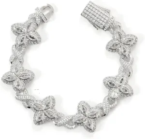 Lulu Mel Cross Infinity Charm Cuban Chain Bracelet for Men Women, Iced Out Silver Colorful Prong Setting 5A Cubic Zirconia Diamond Fashion Four-Leaf Cuban Bracelet for Rapper Gift