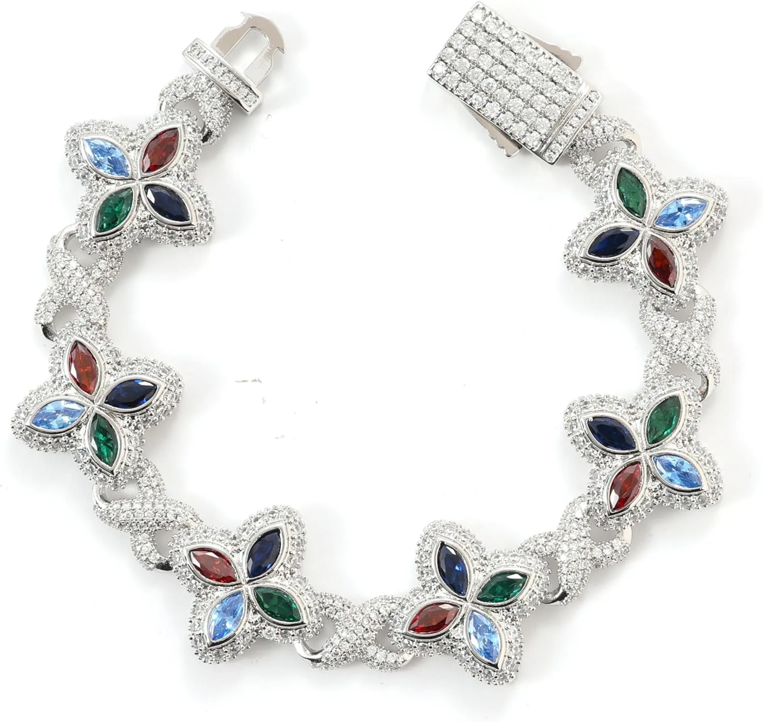 Lulu Mel Cross Infinity Charm Cuban Chain Bracelet for Men Women, Iced Out Silver Colorful Prong Setting 5A Cubic Zirconia Diamond Fashion Four-Leaf Cuban Bracelet for Rapper Gift