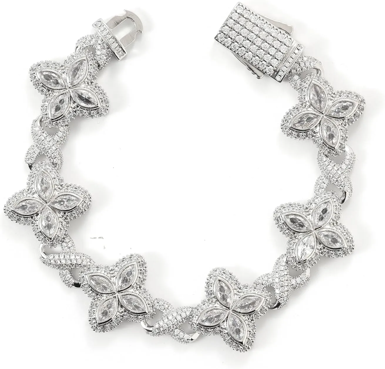 Lulu Mel Cross Infinity Charm Cuban Chain Bracelet for Men Women, Iced Out Silver Colorful Prong Setting 5A Cubic Zirconia Diamond Fashion Four-Leaf Cuban Bracelet for Rapper Gift