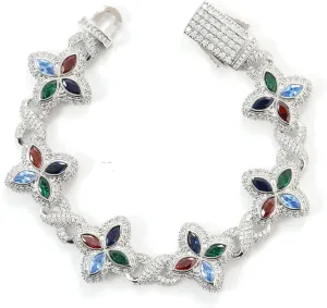 Lulu Mel Cross Infinity Charm Cuban Chain Bracelet for Men Women, Iced Out Silver Colorful Prong Setting 5A Cubic Zirconia Diamond Fashion Four-Leaf Cuban Bracelet for Rapper Gift