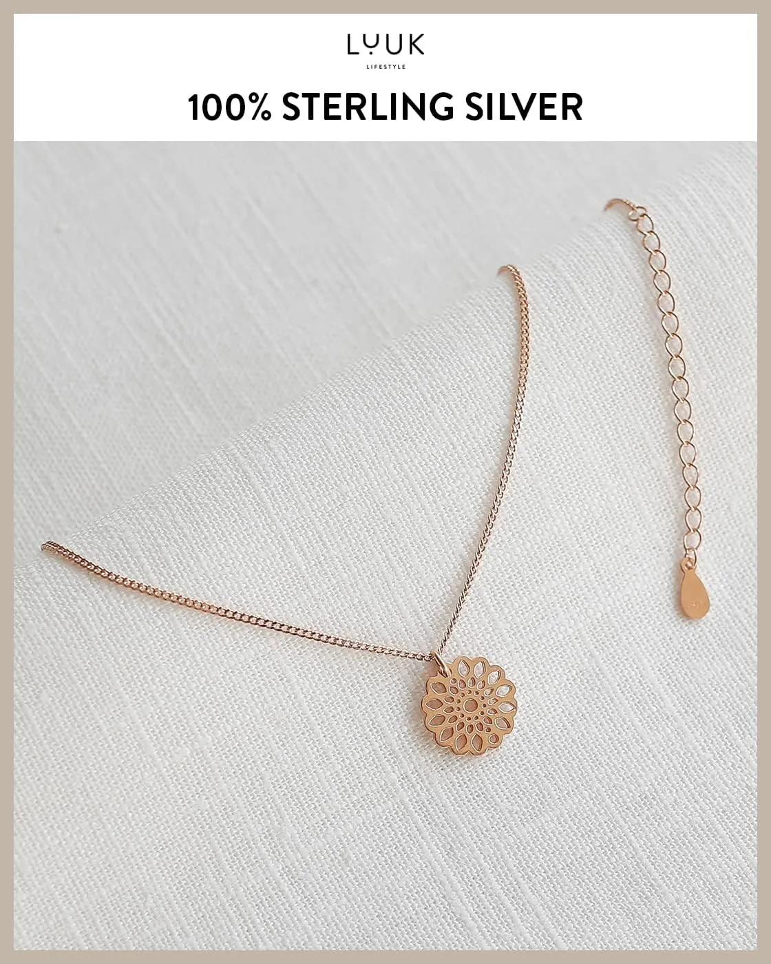 LUUK LIFESTYLE 925 sterling silver filigree necklace for women with pendant, trendy feminine jewelry for everyday life, adjustable length, 19, gift idea for her, gift card, silver, gold, and rosgold