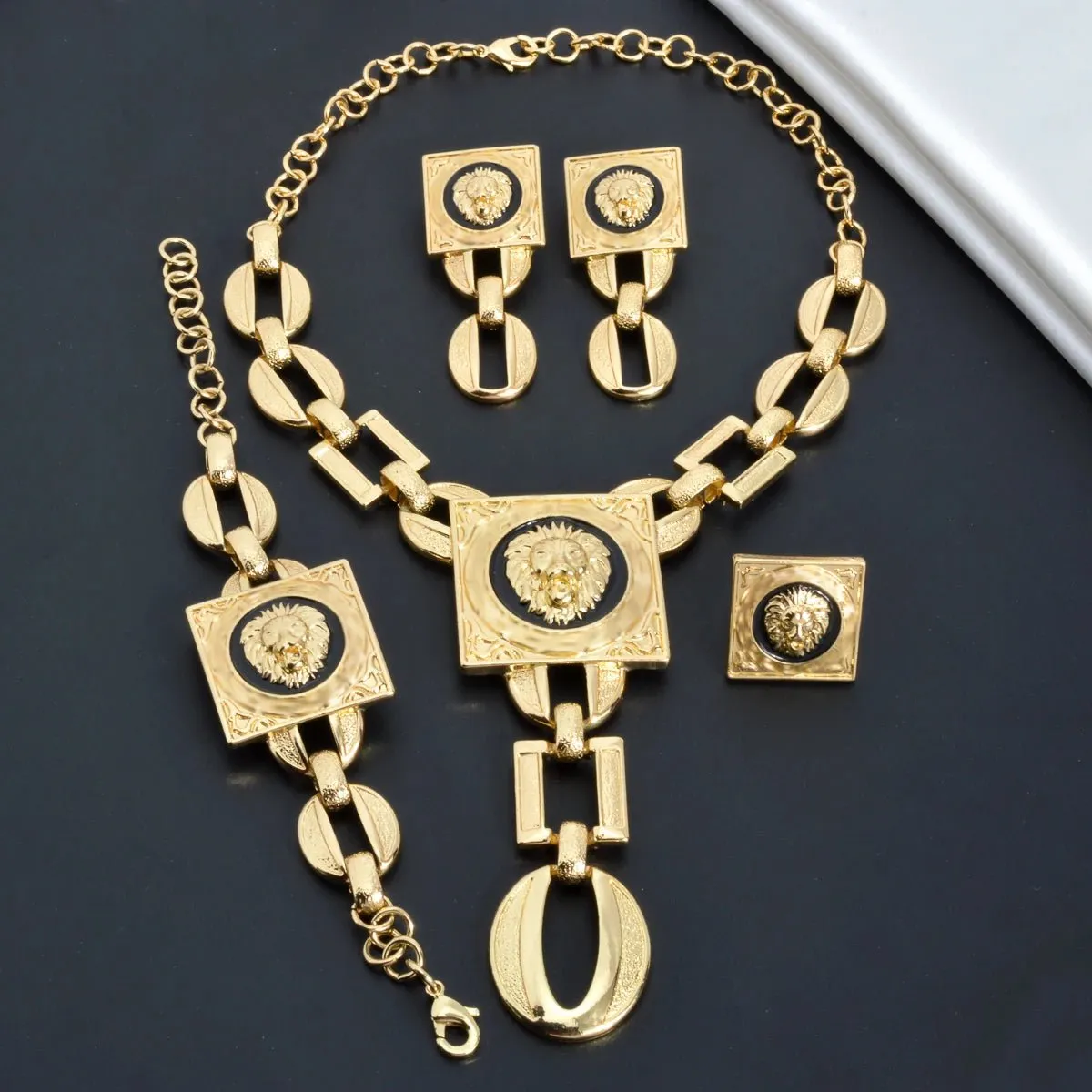 Luxury Gold Plated Jewelry Set for Women – African Wedding Choker Necklace, Bracelet, Earrings, and Cuff Rings