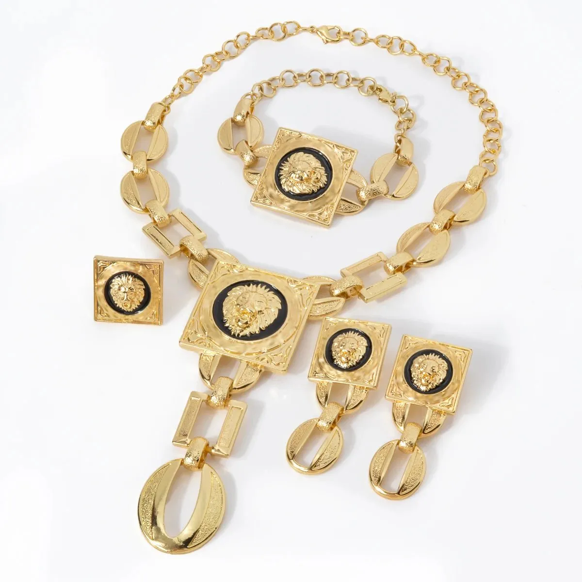 Luxury Gold Plated Jewelry Set for Women – African Wedding Choker Necklace, Bracelet, Earrings, and Cuff Rings