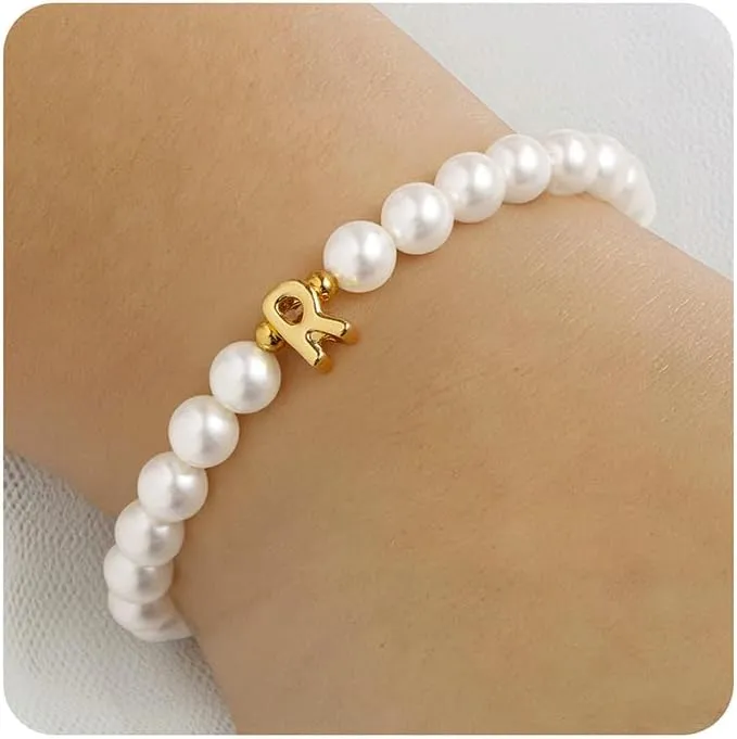 M MOOHAM Pearl Initial Bracelet for Women - Dainty Beaded Charm Bracelets for Women Trendy Charm Letter A-Z Personalized Pearl Jewelry Gifts