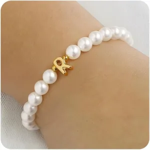 M MOOHAM Pearl Initial Bracelet for Women - Dainty Beaded Charm Bracelets for Women Trendy Charm Letter A-Z Personalized Pearl Jewelry Gifts