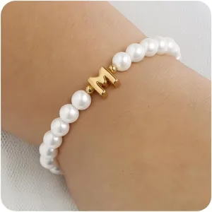 M MOOHAM Pearl Initial Bracelet for Women - Dainty Beaded Charm Bracelets for Women Trendy Charm Letter A-Z Personalized Pearl Jewelry Gifts