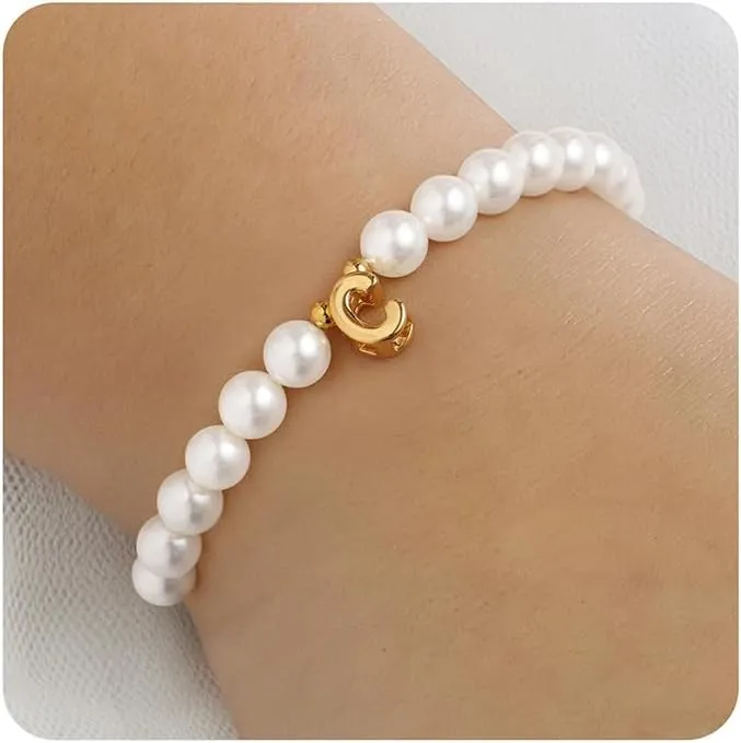 M MOOHAM Pearl Initial Bracelet for Women - Dainty Beaded Charm Bracelets for Women Trendy Charm Letter A-Z Personalized Pearl Jewelry Gifts