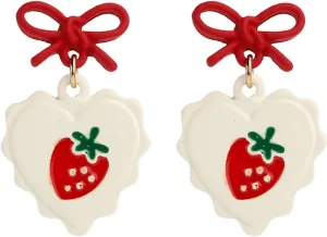 MALOYANVE Cute Strawberry Earrings for Women Sweet Fresh Red Ribbon Bow Dangle Earrings Funny Small Fruit Fashion Drop Earrings