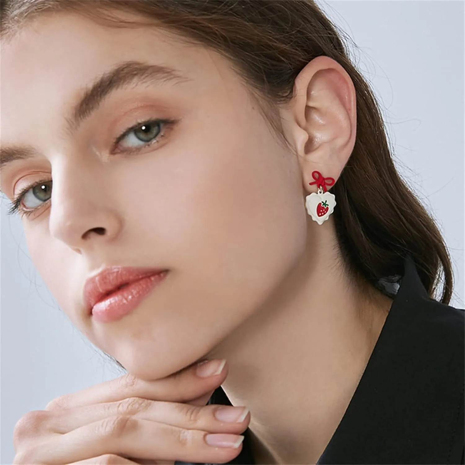 MALOYANVE Cute Strawberry Earrings for Women Sweet Fresh Red Ribbon Bow Dangle Earrings Funny Small Fruit Fashion Drop Earrings