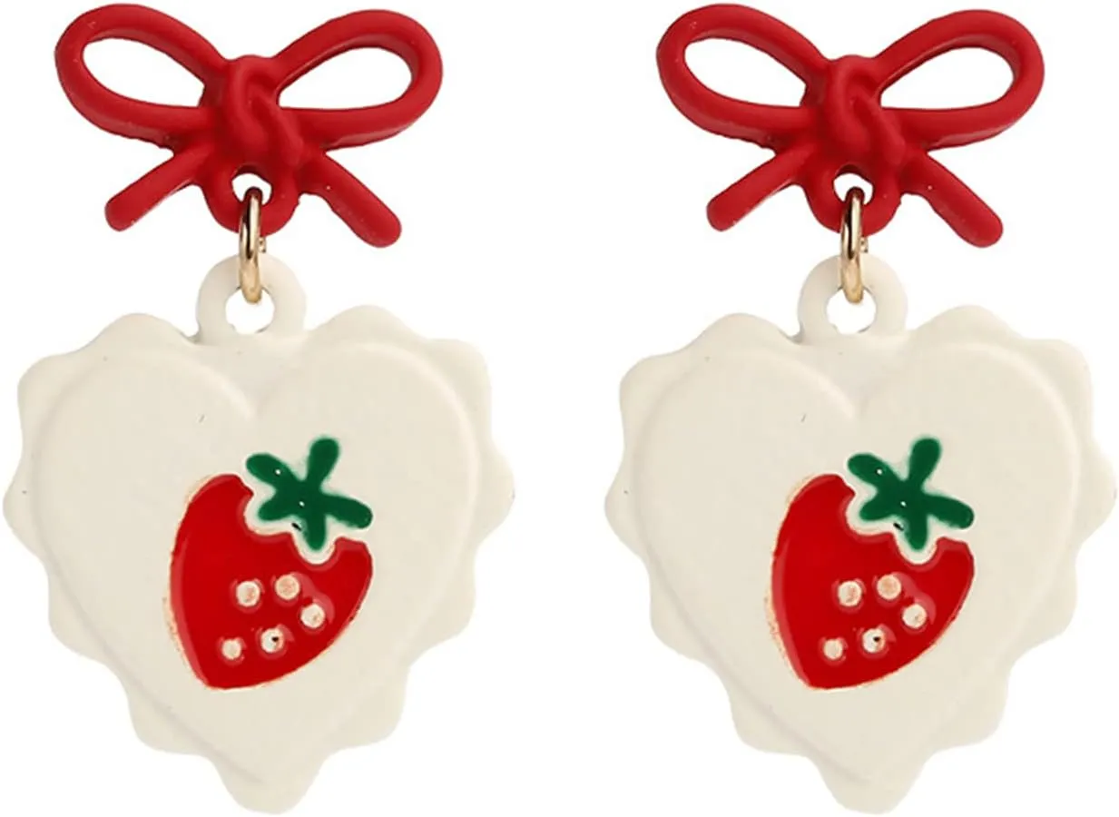 MALOYANVE Cute Strawberry Earrings for Women Sweet Fresh Red Ribbon Bow Dangle Earrings Funny Small Fruit Fashion Drop Earrings