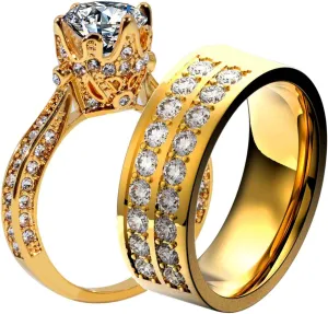 Matching Rings Yellow Gold Plated AAA CZ Women Ring Couple Rings Wedding Band His and Her Ring