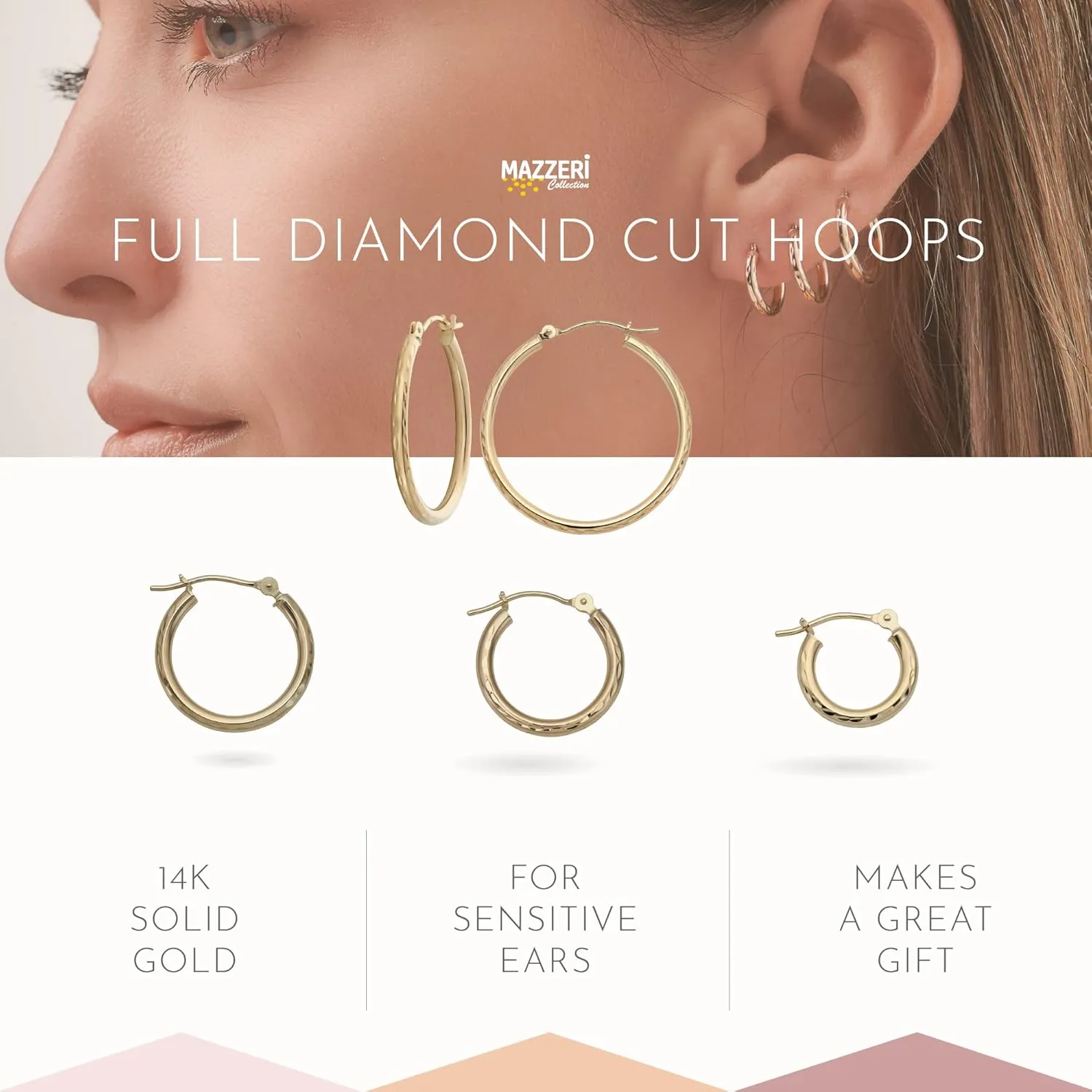 MAZZERI Solid 14k Gold Hoop Earrings 14k Real Gold For Women and Men - Diamond-cut Design, Hypoallergenic, Made in the USA,