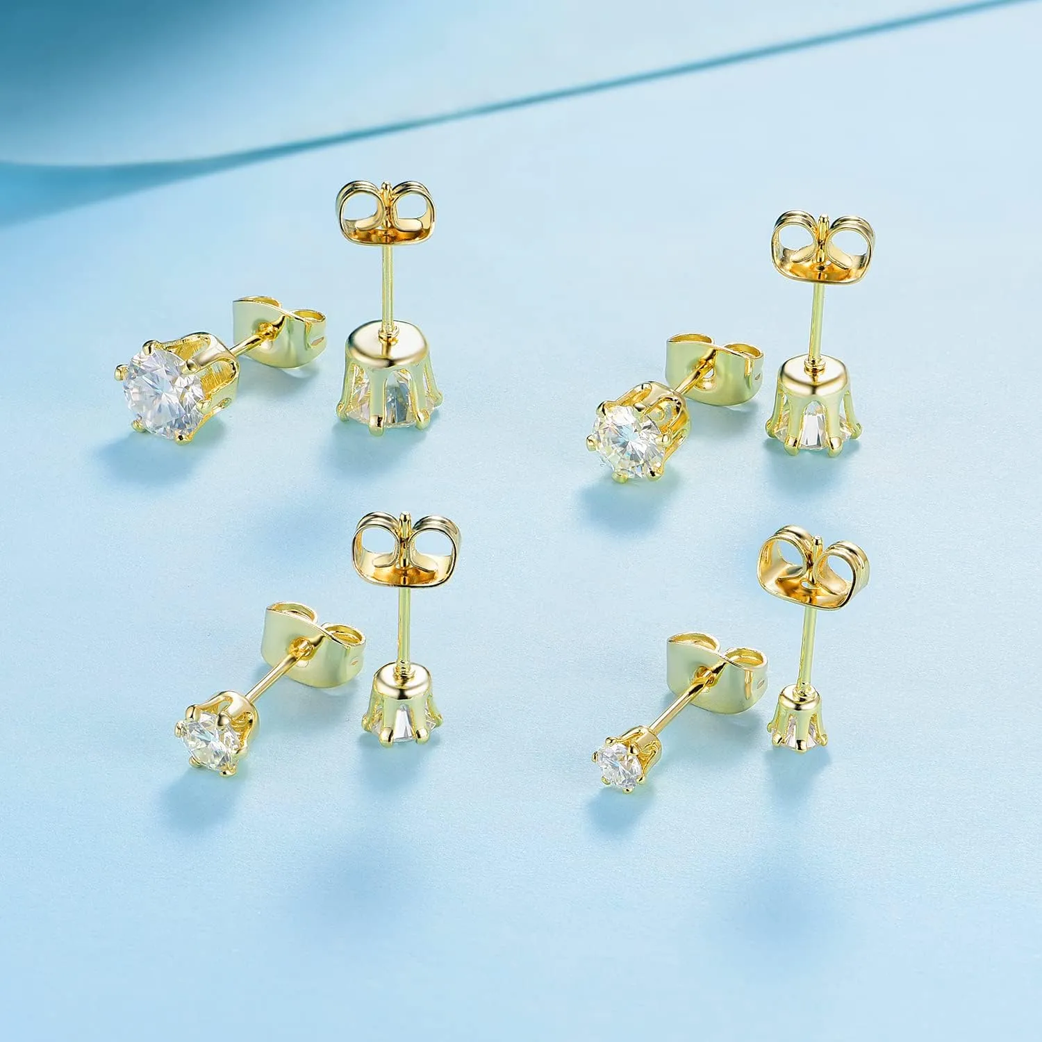 MDFUN Synthetic Moissanite Earrings Set 14K White Gold/Yellow Gold 6 Prong Round Synthetic Moissanite Stud Earring Set Pack of 3/4 Pairs