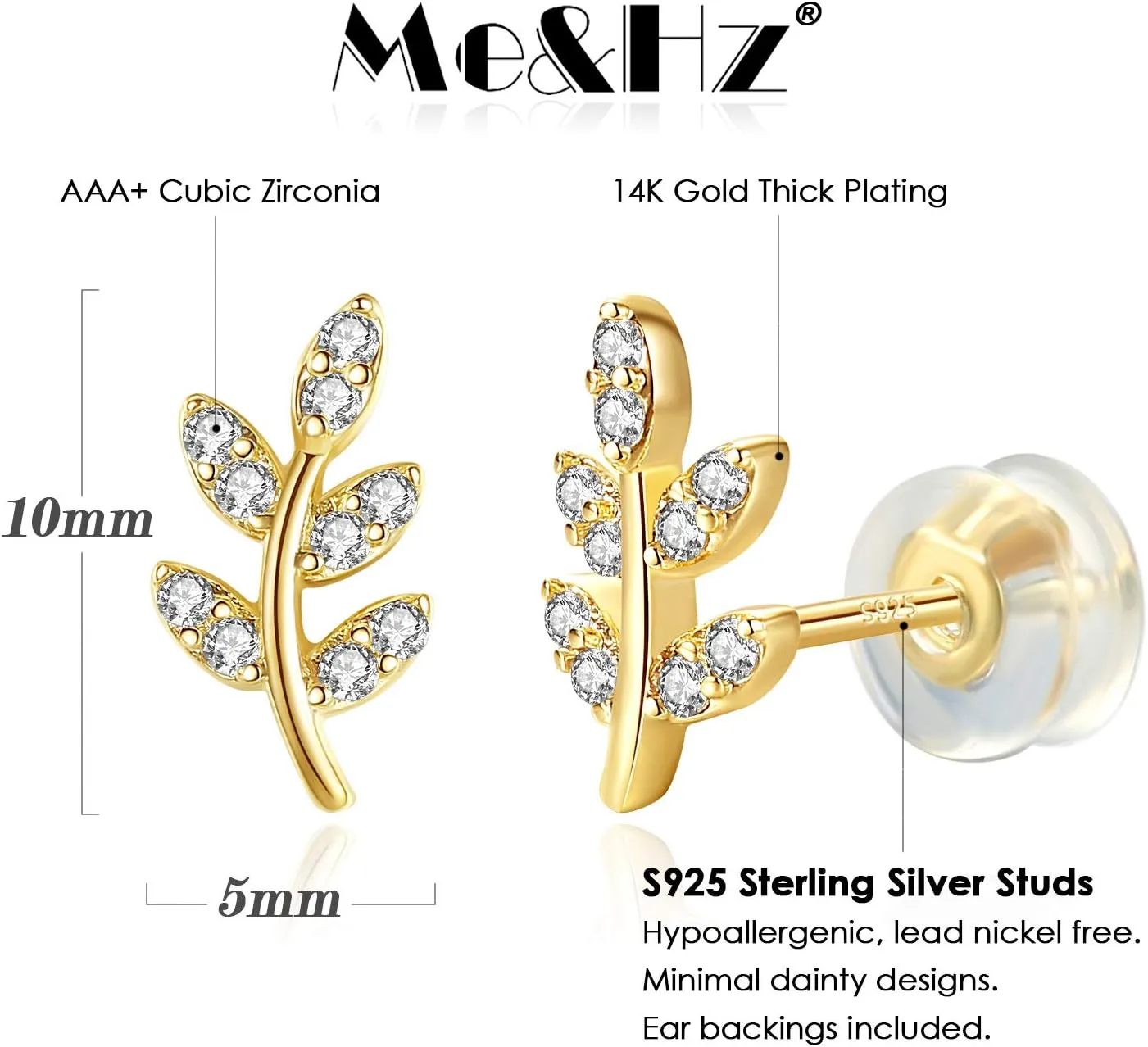 Me&Hz 14K Gold Plated Stud Earrings for Women Cute CZ Heart Lightning Blot Leaf Small Gold Stud Earrings Cartilage Earring Birthday Halloween Christmas Gift