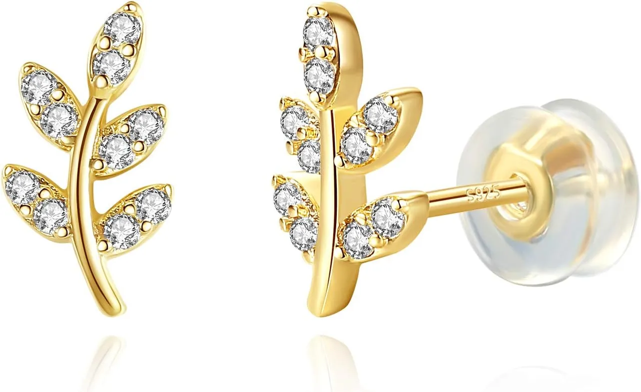 Me&Hz 14K Gold Plated Stud Earrings for Women Cute CZ Heart Lightning Blot Leaf Small Gold Stud Earrings Cartilage Earring Birthday Halloween Christmas Gift