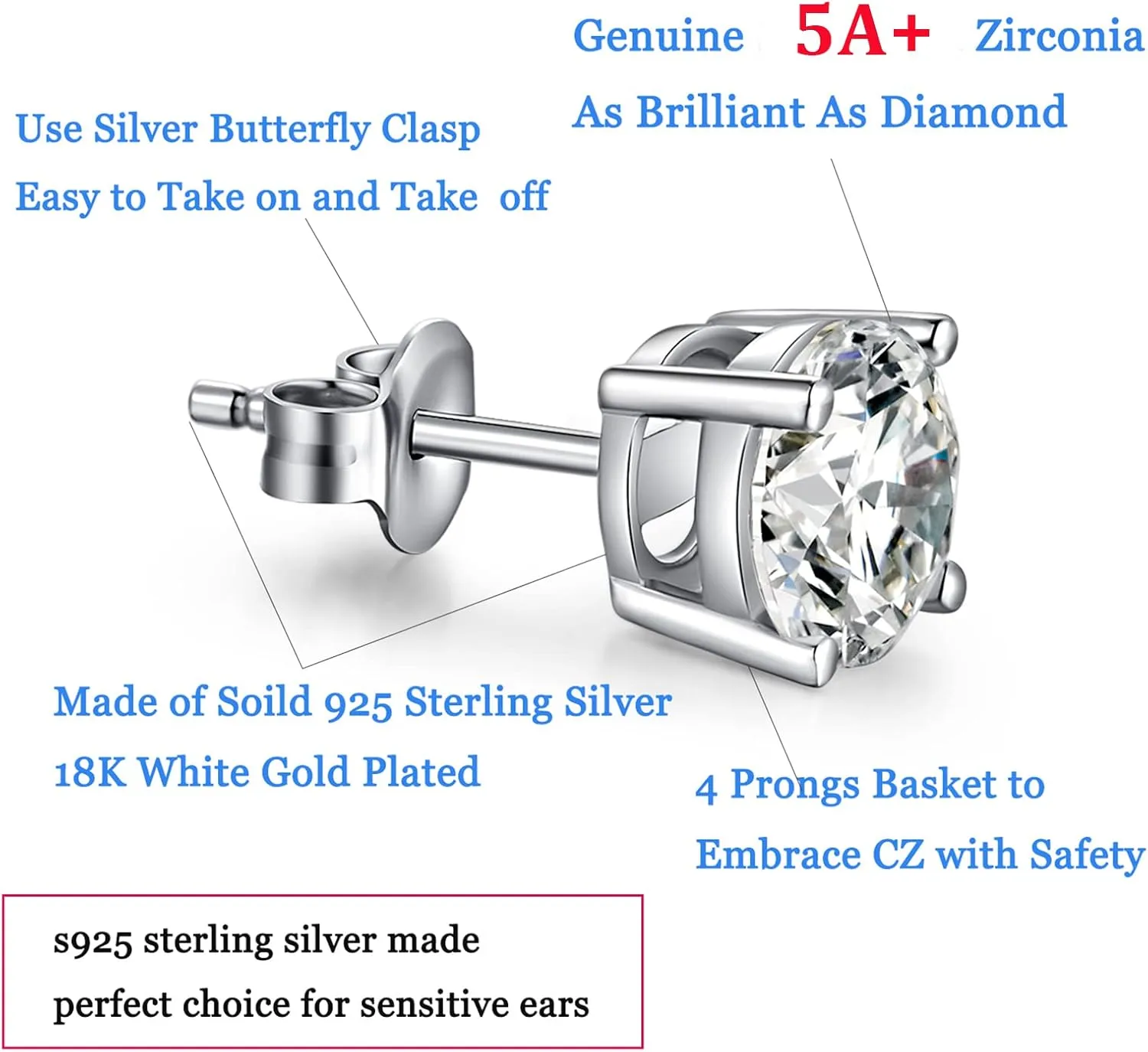 Men Stud Earrings 925 Sterling Silver Stud Earrings for Women/Men, Stud Earring with 5A  Cubic Zirconia Hypoallergenic Earrings for Unisex 4MM-8MM