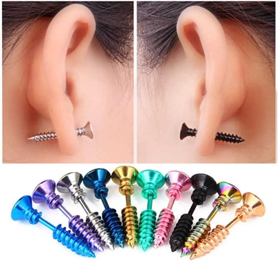 Mens Women Unisex Piercing Stud Earrings Set Stainless Steel Punk Screws Cartilage Studs Ear Plug Tunnel Earrings, 4-10 Pairs