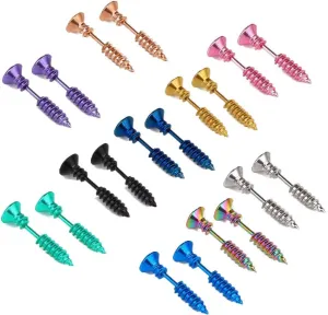Mens Women Unisex Piercing Stud Earrings Set Stainless Steel Punk Screws Cartilage Studs Ear Plug Tunnel Earrings, 4-10 Pairs