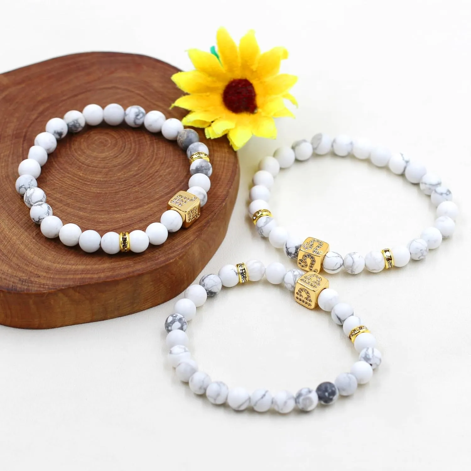 Men's Women's 12 Constellations Bracelet - Natural White Turquoise Stone 6mm Round Beads Exclusive Star Sign Bracelet Birthday Gift