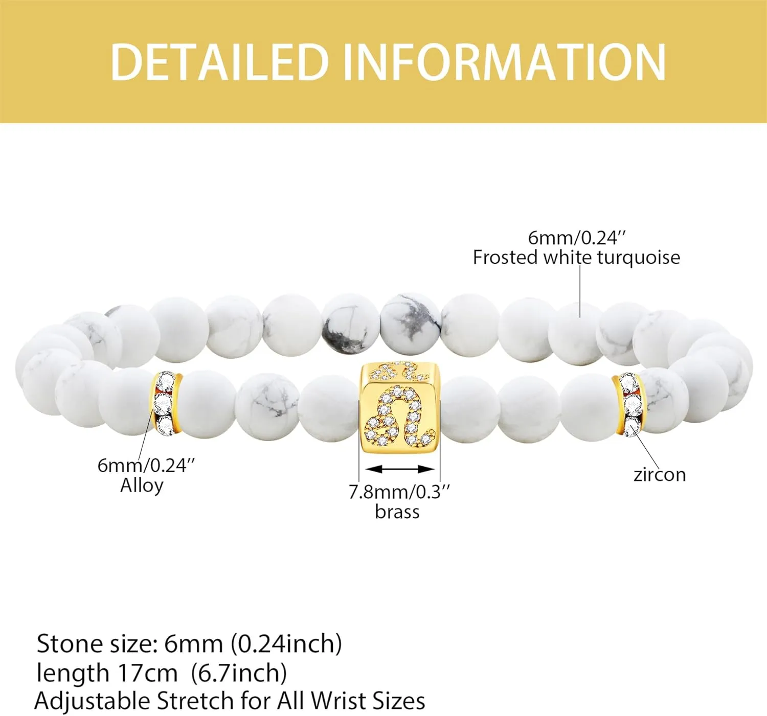 Men's Women's 12 Constellations Bracelet - Natural White Turquoise Stone 6mm Round Beads Exclusive Star Sign Bracelet Birthday Gift