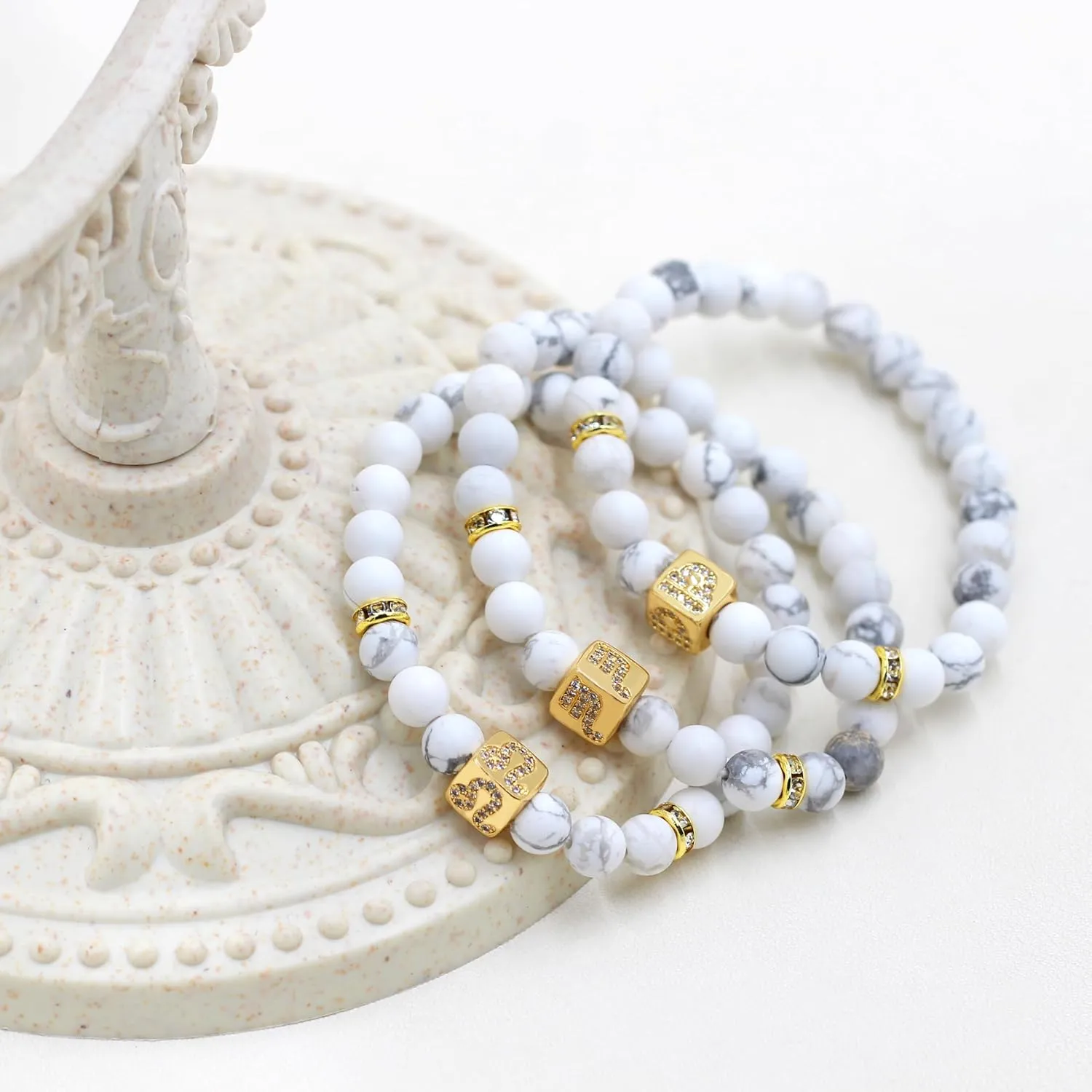 Men's Women's 12 Constellations Bracelet - Natural White Turquoise Stone 6mm Round Beads Exclusive Star Sign Bracelet Birthday Gift