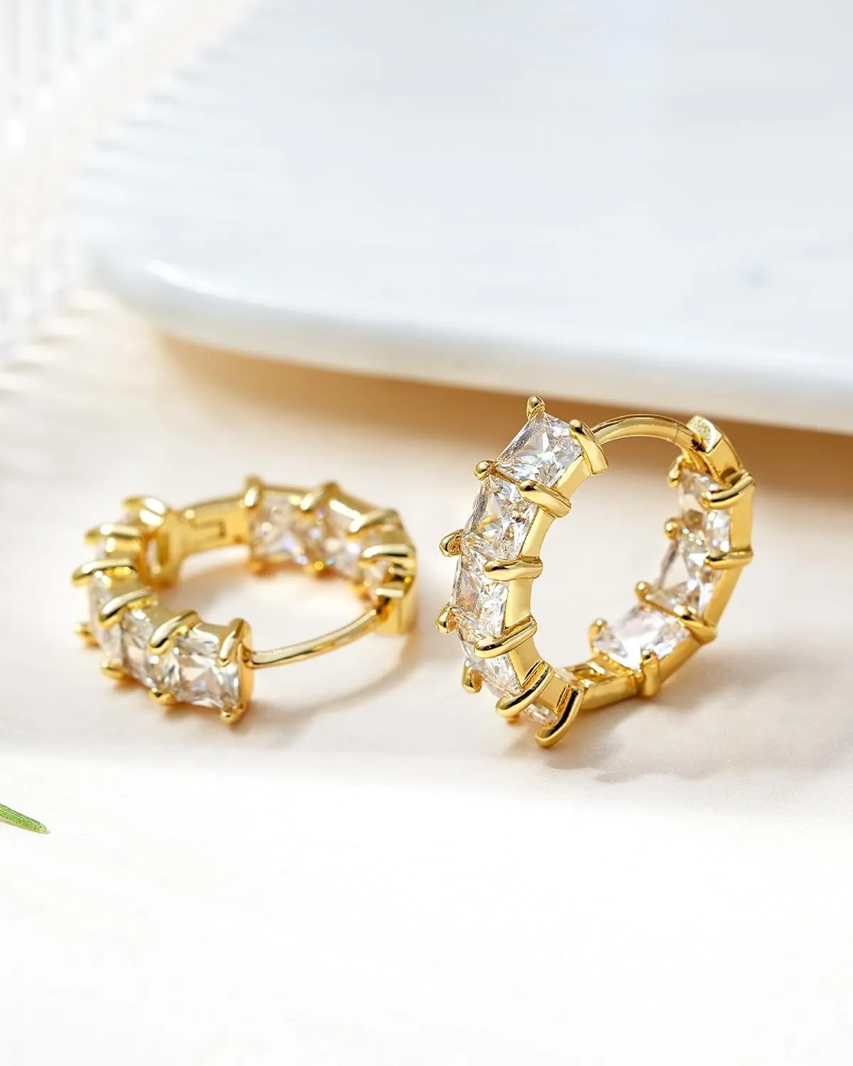 Mesovor Cubic Zirconia Gold Hoop Earrings for Women Trendy, 18K Gold Plated Lightweight Huggie Hoops Earrings | Green Black Red Stones CZ Earrings Jewelry