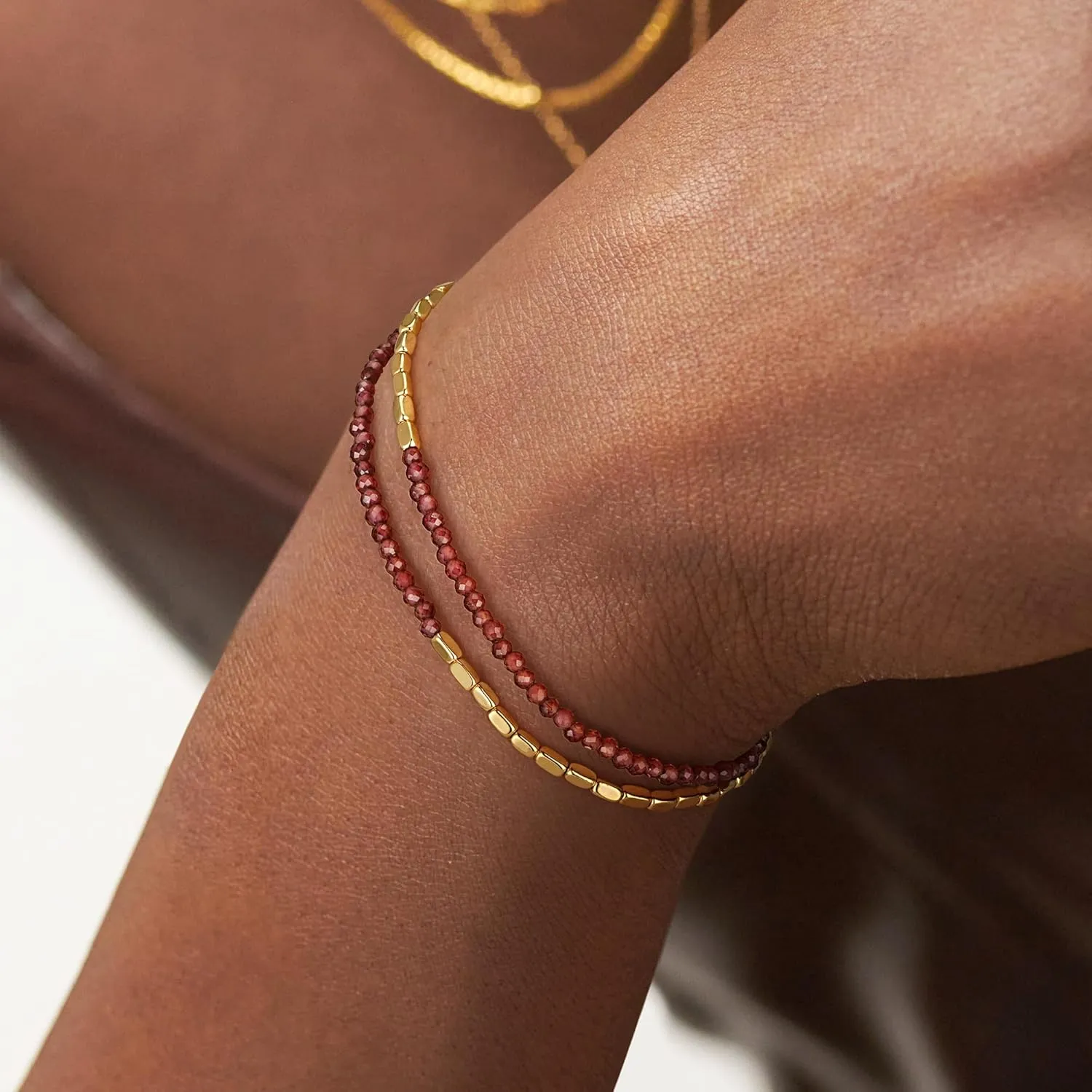 MEVECCO Bead Bracelet for Women Layered Stone Mixed Bracelets 18K Gold Plated Handmade Custom Beaded Charm Chain Bracelet Stack Jewelry Gifts