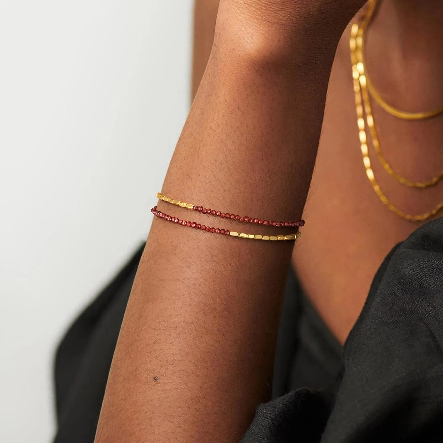MEVECCO Bead Bracelet for Women Layered Stone Mixed Bracelets 18K Gold Plated Handmade Custom Beaded Charm Chain Bracelet Stack Jewelry Gifts