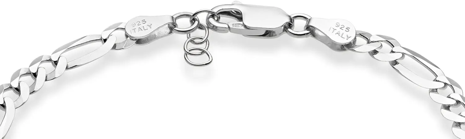 Miabella Solid 925 Sterling Silver Italian 5mm Diamond-Cut Figaro Chain Bracelet for Women Men, Made in Italy