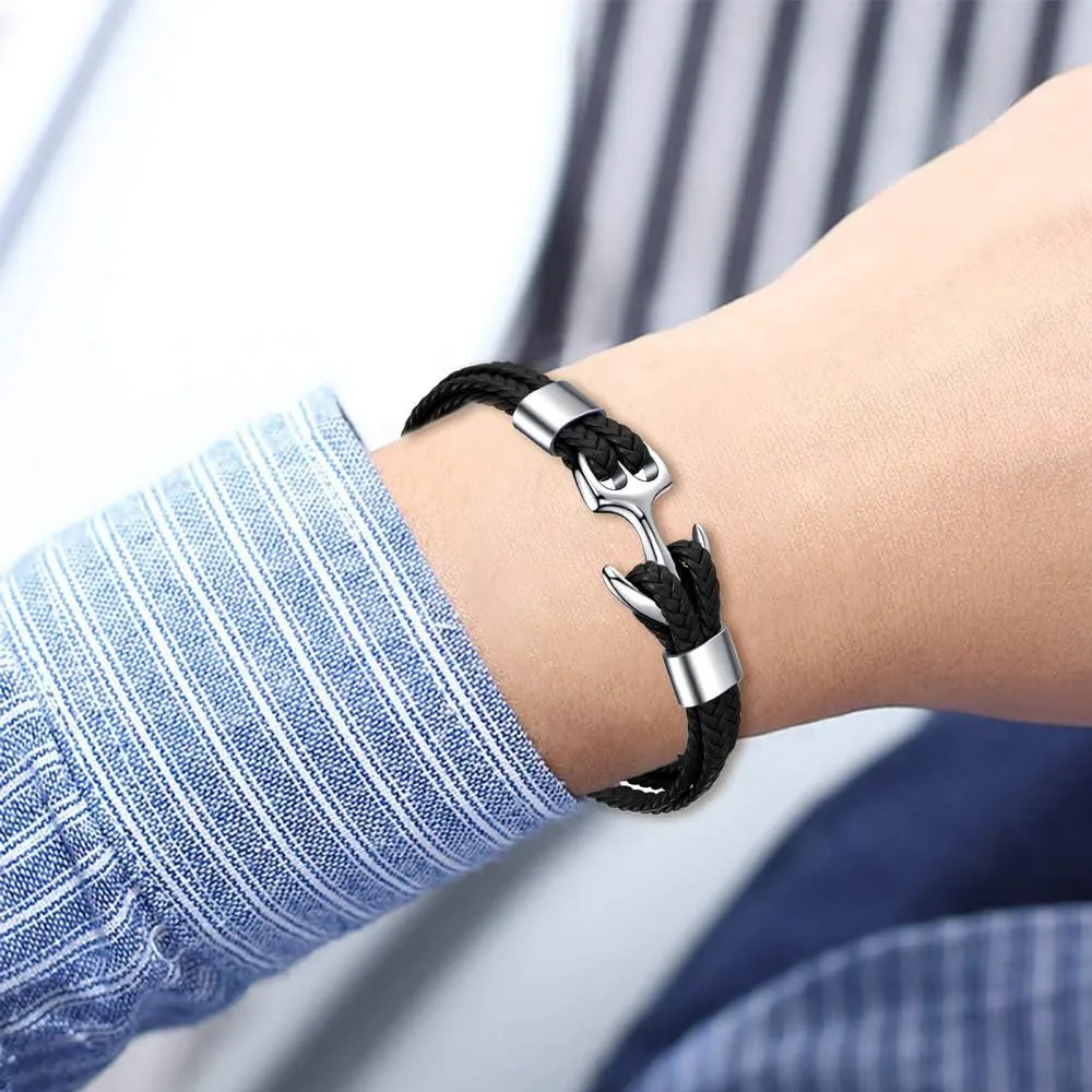 MicLee Men's Handmade Leather Bracelet Multilayer Vintage Anchor Bracelet Cuff Wrap Rope Wristband with Gift Box