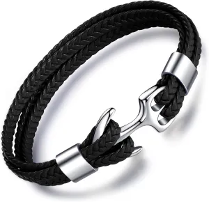 MicLee Men's Handmade Leather Bracelet Multilayer Vintage Anchor Bracelet Cuff Wrap Rope Wristband with Gift Box