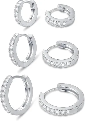micuco 3 Pairs Small Hoop Earrings Tiny Cartilage Earrings for Women Cubic Zirconia Earrings Huggie Hoop Ear Piercing Earrings for Men 8mm 10mm 12mm