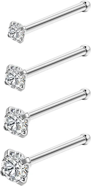 MILACOLATO 4Pcs Titanium Nose Rings 18G & 20G - L Shaped, Corkscrew, Straight - Clear CZ Nose Studs Hypoallergenic Nostril Piercing Jewelry for Women & Men - 1.5mm, 2mm, 2.5mm, 3mm