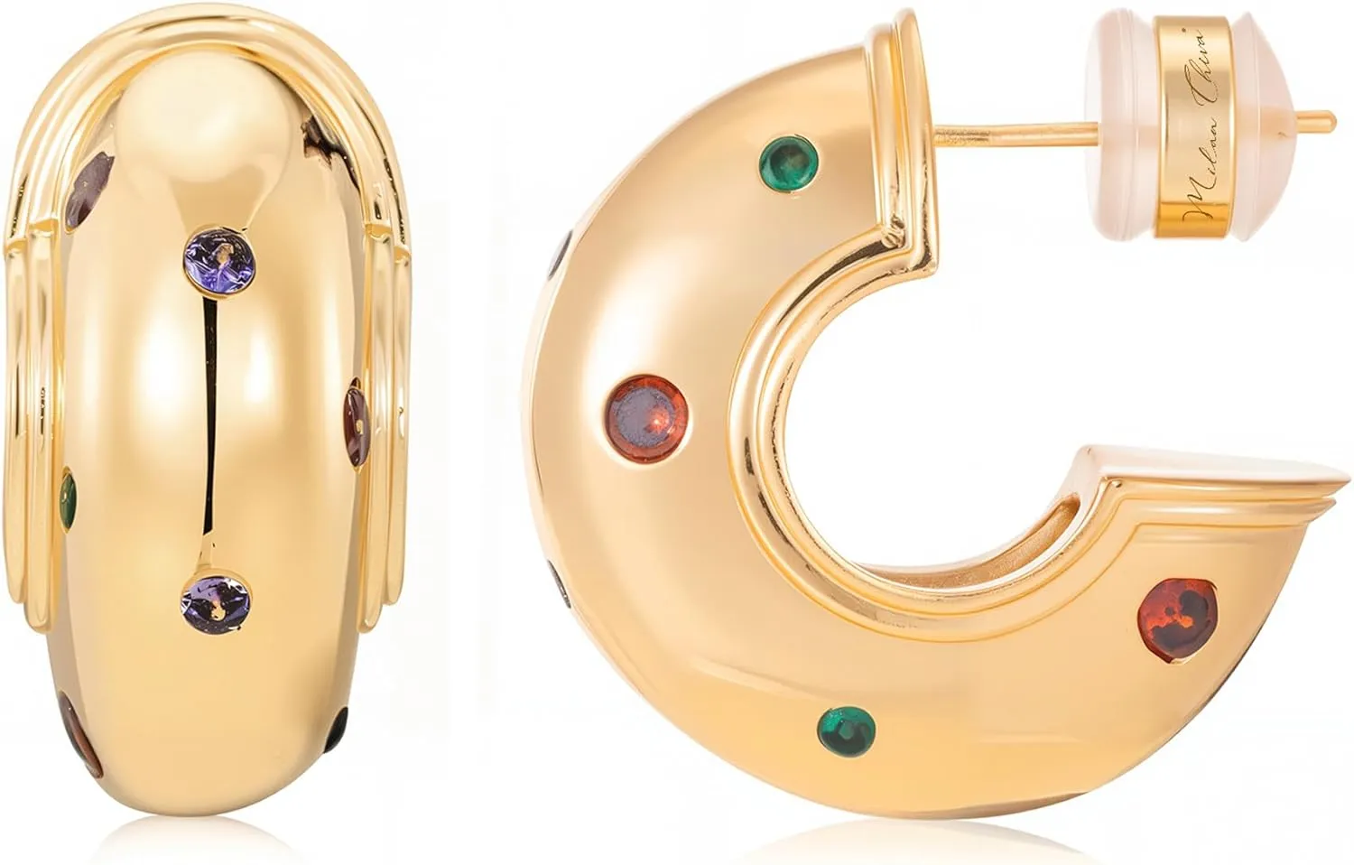Milan Chiva 14K Gold Plated Chunky Open Hoops for Women Thick Post Huggie Earrings Statement Jewelry
