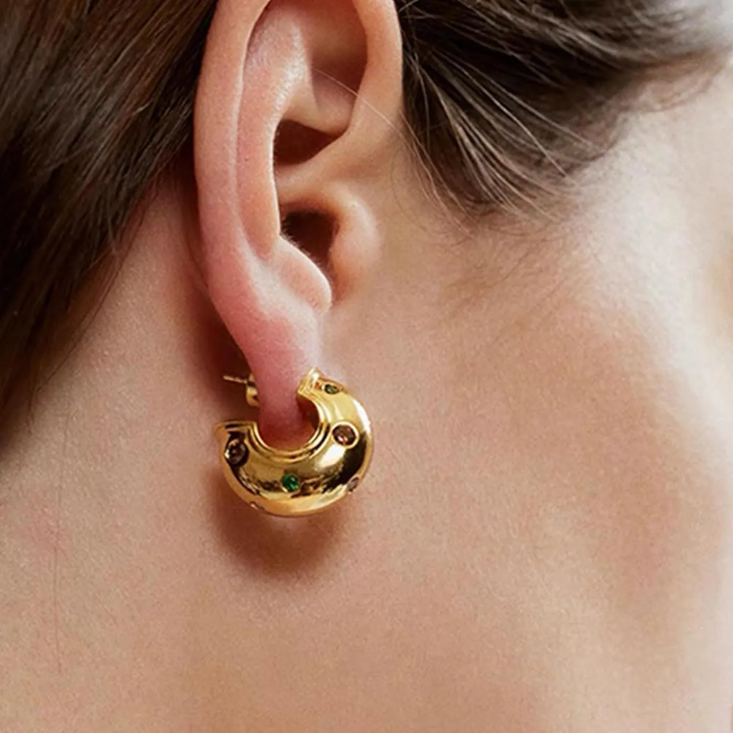 Milan Chiva 14K Gold Plated Chunky Open Hoops for Women Thick Post Huggie Earrings Statement Jewelry