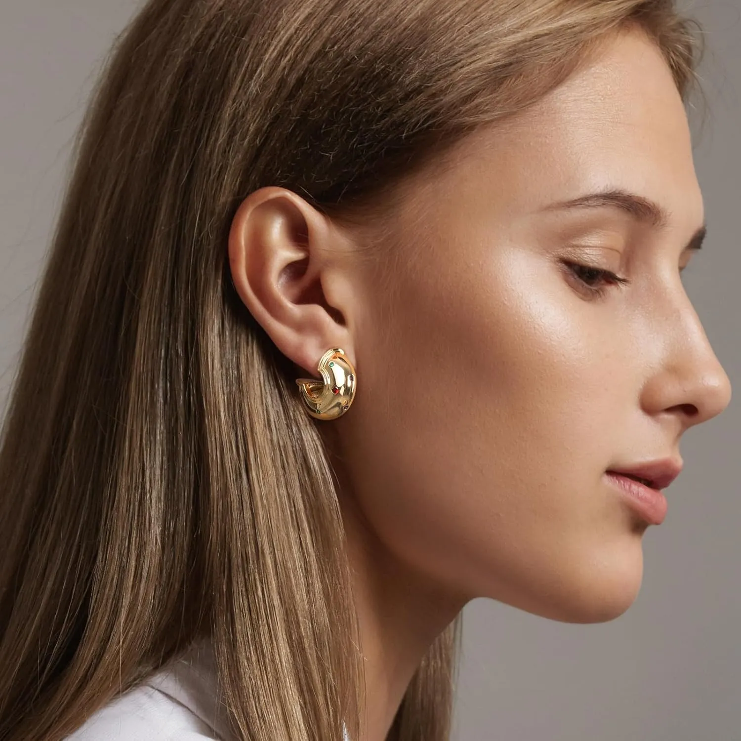 Milan Chiva 14K Gold Plated Chunky Open Hoops for Women Thick Post Huggie Earrings Statement Jewelry