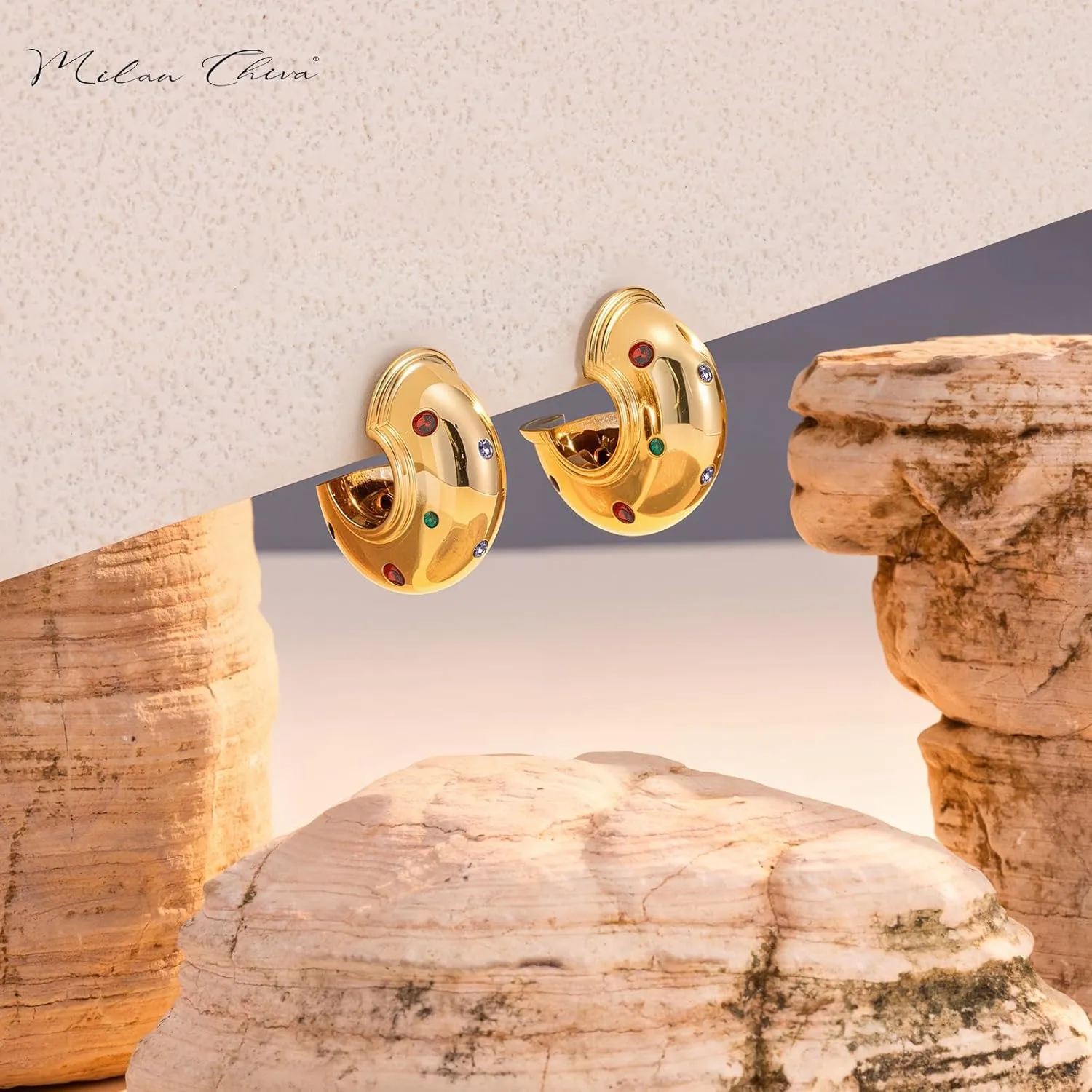 Milan Chiva 14K Gold Plated Chunky Open Hoops for Women Thick Post Huggie Earrings Statement Jewelry