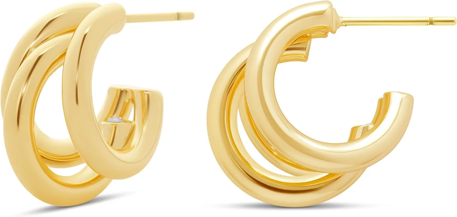 MILLA Chunky Gold Earrings for Women, Triple Split Thick Gold Hoops and Silver Hoop Earrings, Hypoallergenic